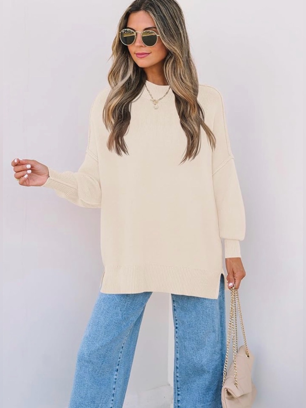 Women's Cream Oversized Crewneck Sweater - Casual Relaxed Fit - Picture 4 of 6